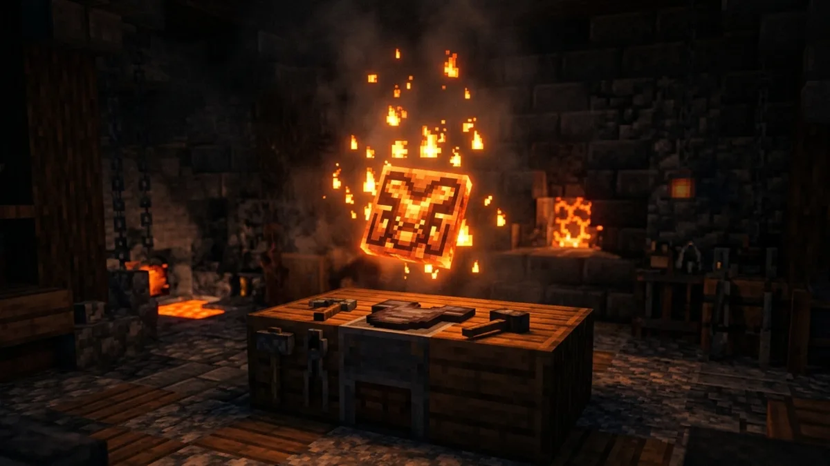 A Minecraft smithing table in a dark forge with an armour trim template glowing above it