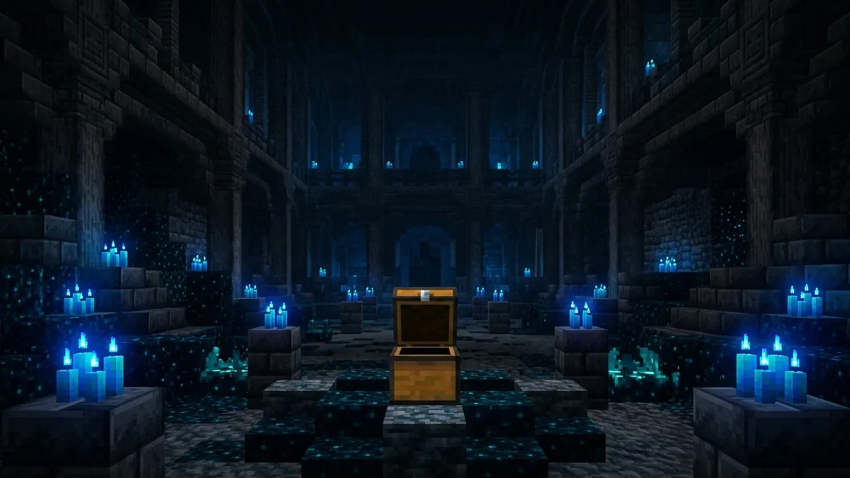 The sculk lined interior of a Minecraft ancient city with an open chest at the centre