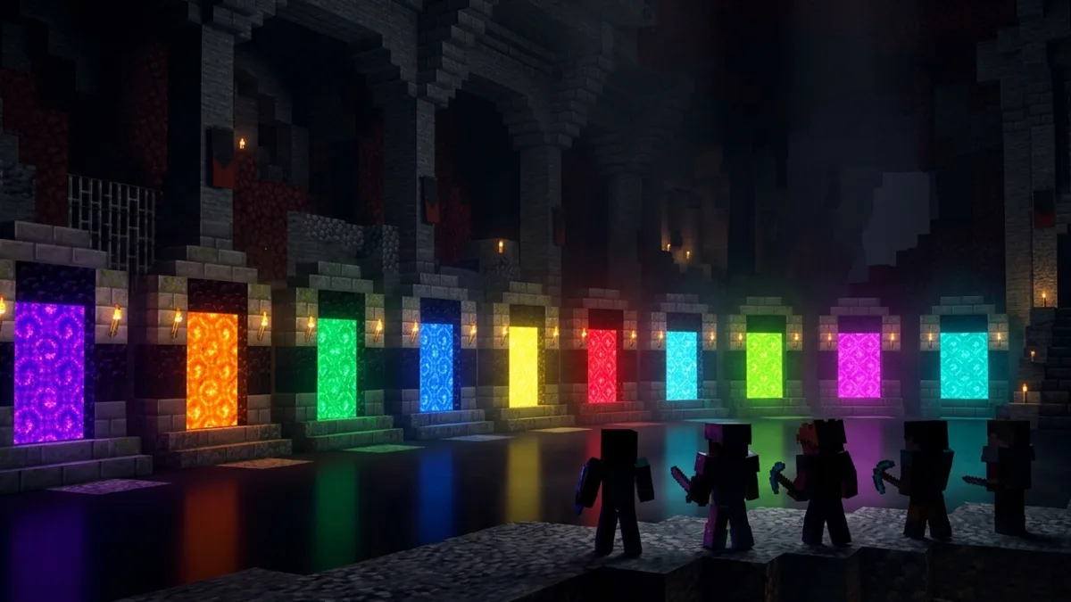 A row of glowing nether portals in a dark Minecraft server lobby