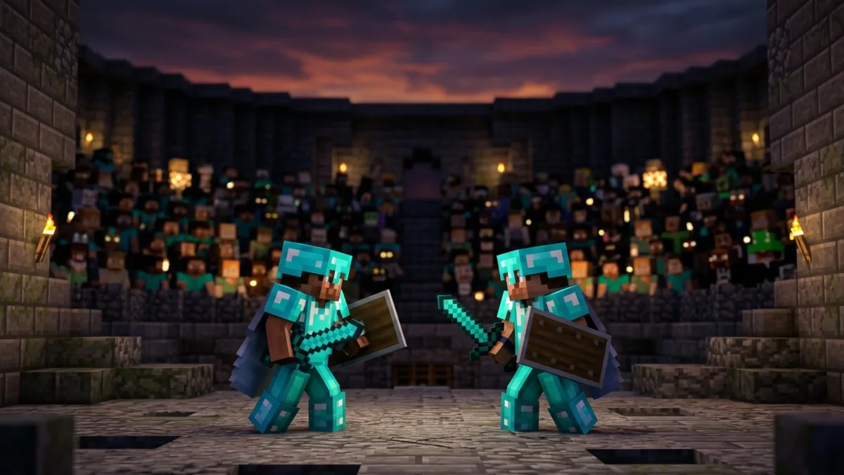 Two Minecraft players in diamond armour facing off in a stone arena
