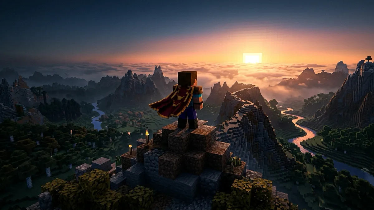 A Minecraft player seen from behind wearing a flowing cape on a mountain ridge at sunrise