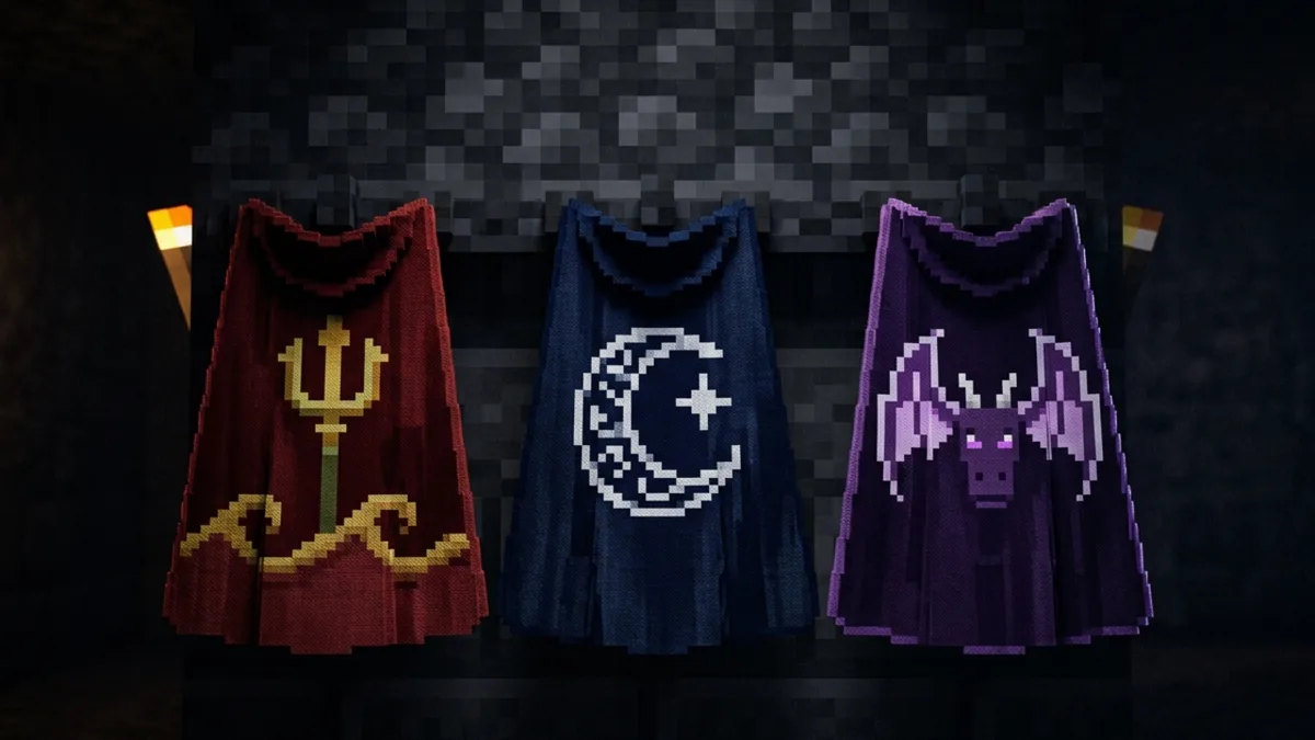 Three Minecraft capes hanging side by side on a dark wall