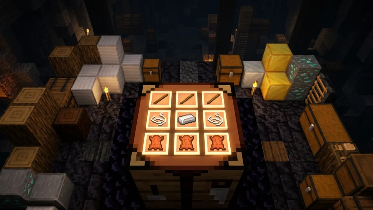A Minecraft crafting table seen from above with a glowing three by three grid