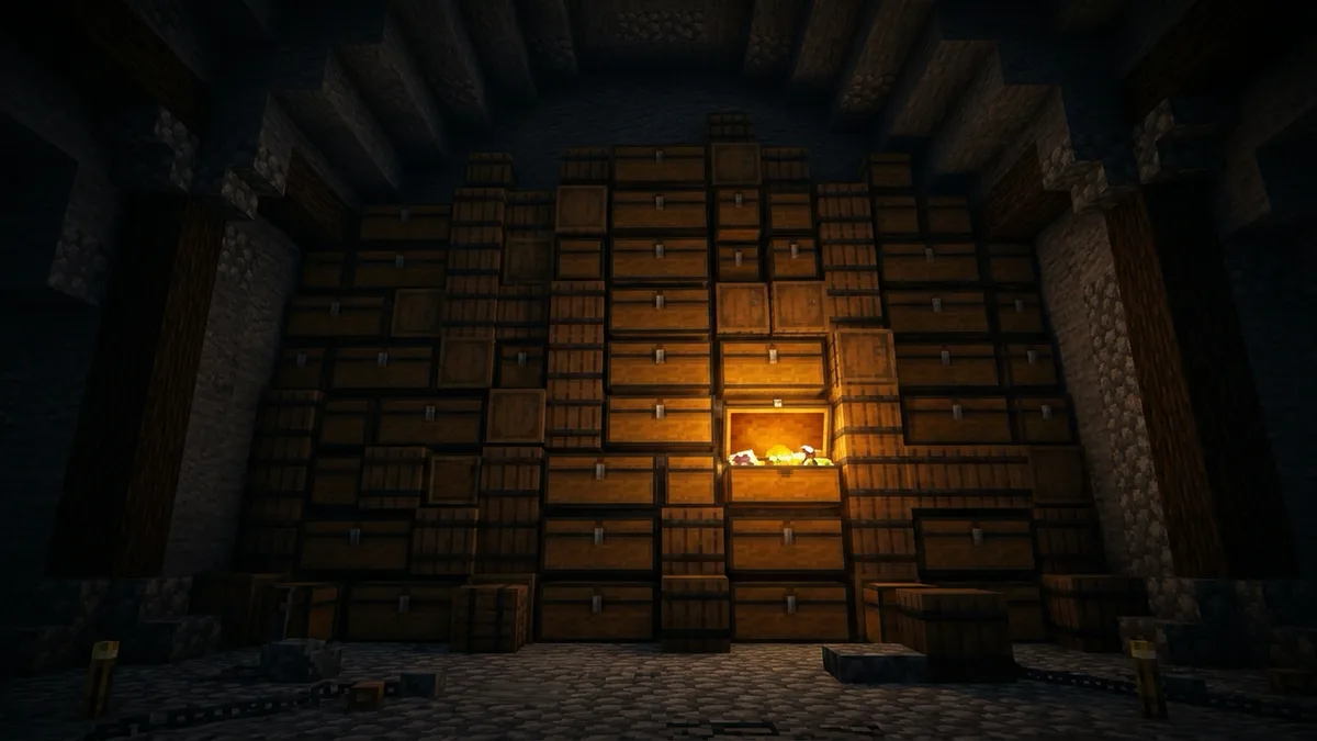A wall of Minecraft chests and barrels stacked to the ceiling of a dark vault