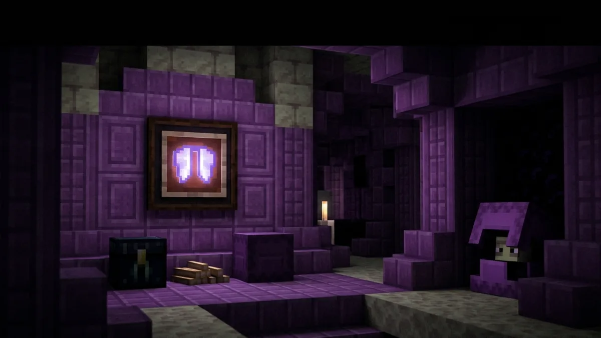 The treasure room of a Minecraft End ship with elytra in an item frame
