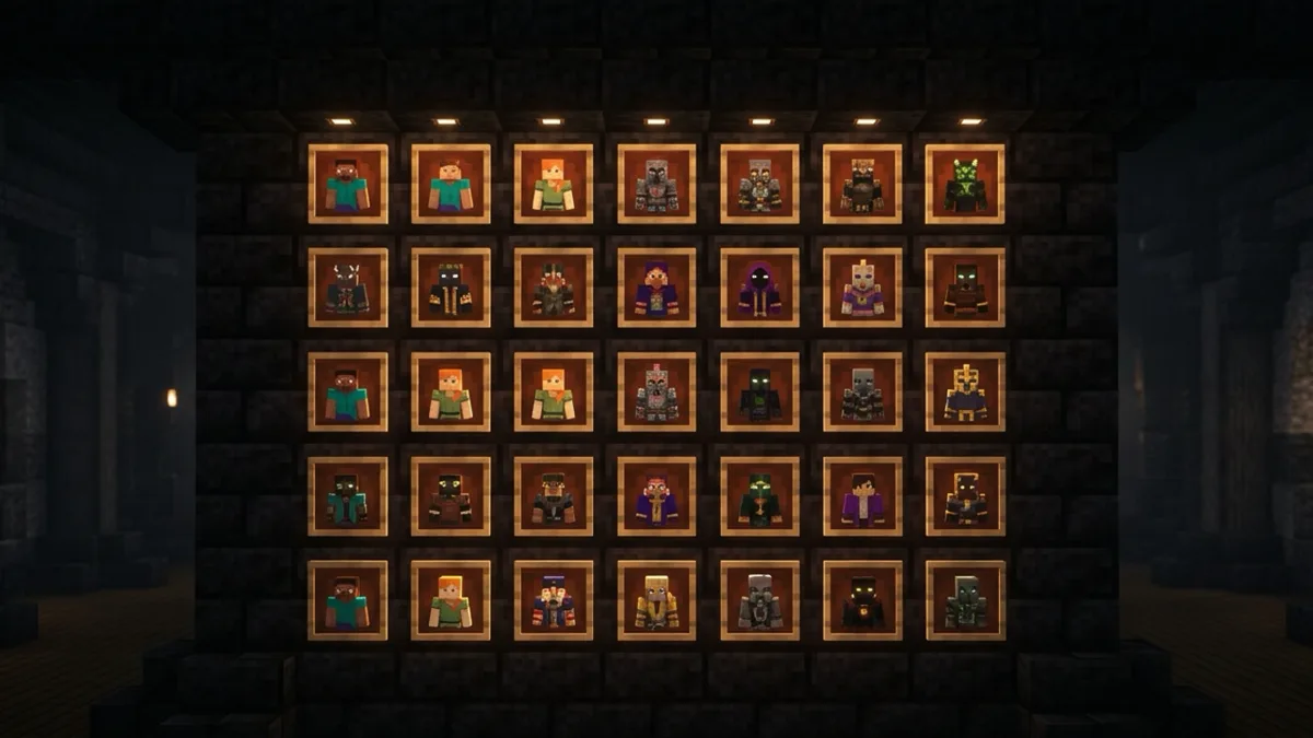 A dark gallery wall hung with a grid of framed Minecraft character portraits