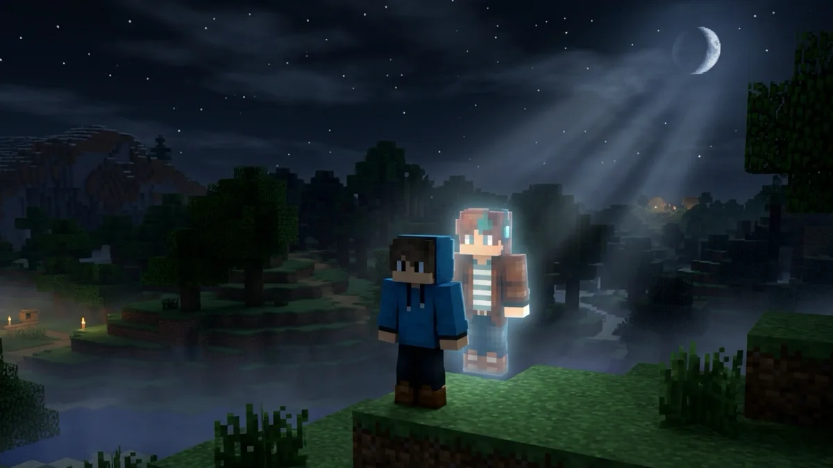 A Minecraft character at night with a faint ghostly duplicate of an older skin standing behind them