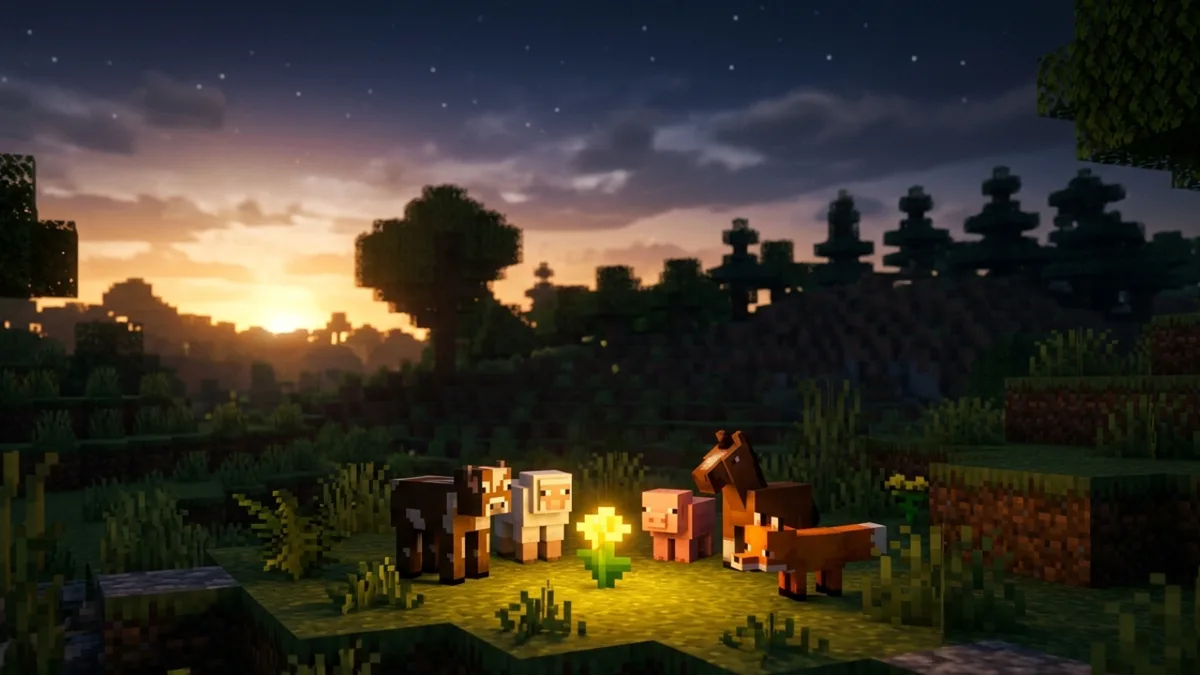 Baby Minecraft animals gathered around a glowing golden dandelion at dawn