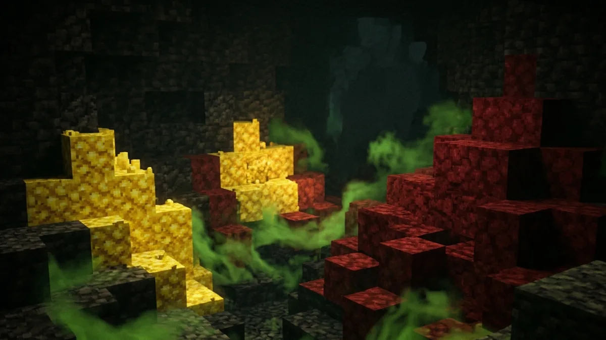 Yellow sulfur and red cinnabar formations in a dark cave with toxic gas drifting between them