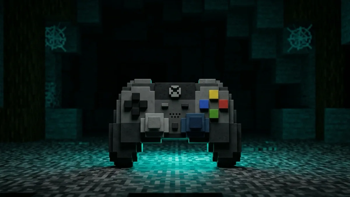 A blocky game controller resting on a bedrock floor, lit from below