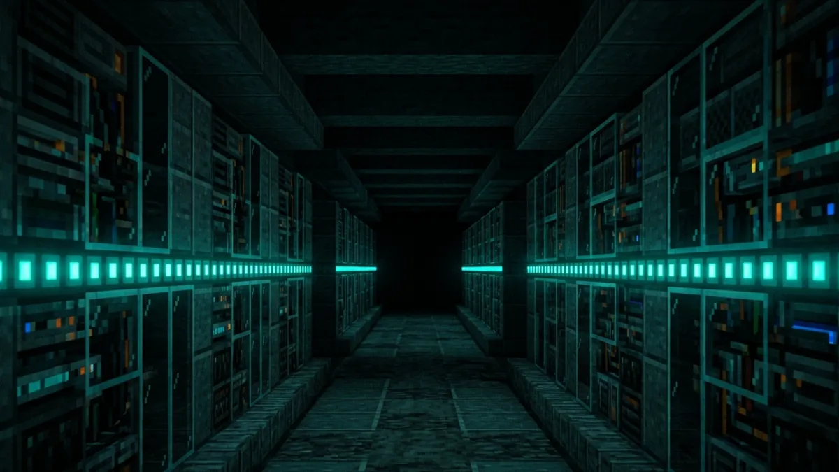 A dark corridor of glowing server racks rendered as Minecraft blocks