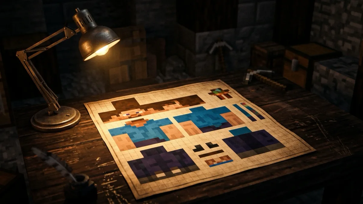 A flat unfolded Minecraft skin texture sheet laid out like a blueprint on a dark workbench