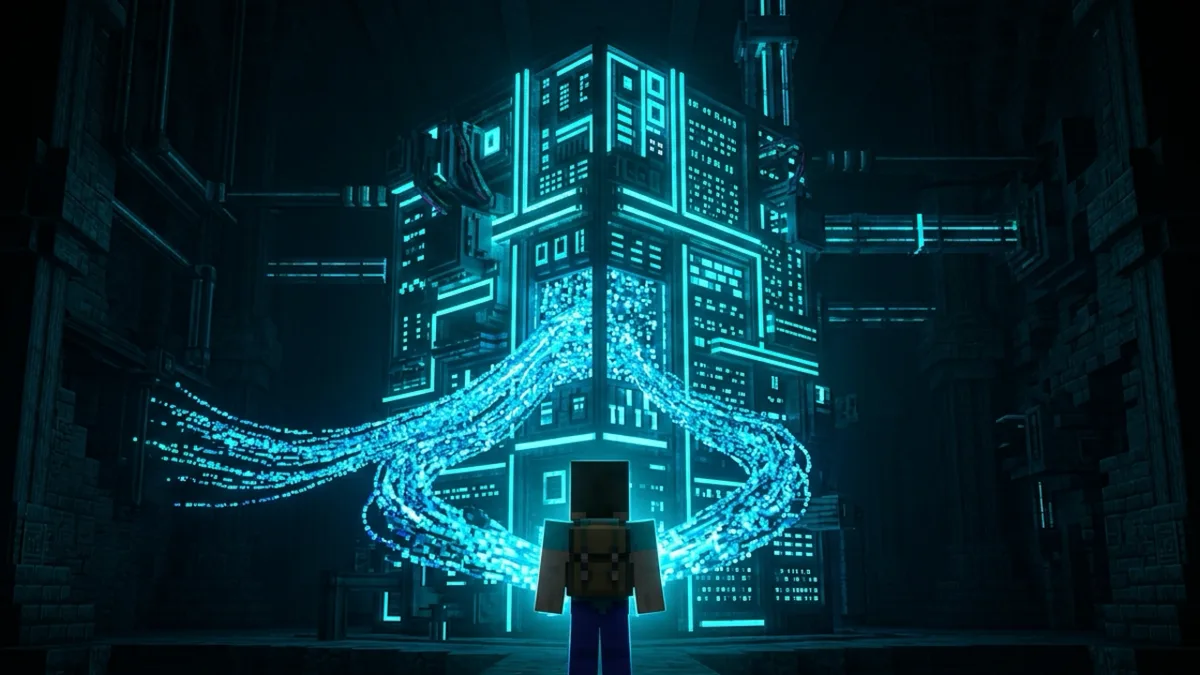 A Minecraft character standing in front of a glowing block server rack with data streams flowing toward them