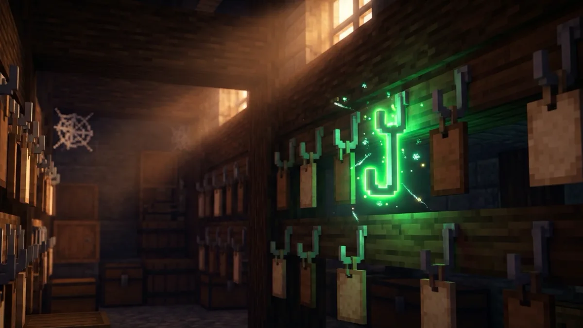Rows of Minecraft name tags hanging on hooks in a dark storeroom, one hook empty and glowing