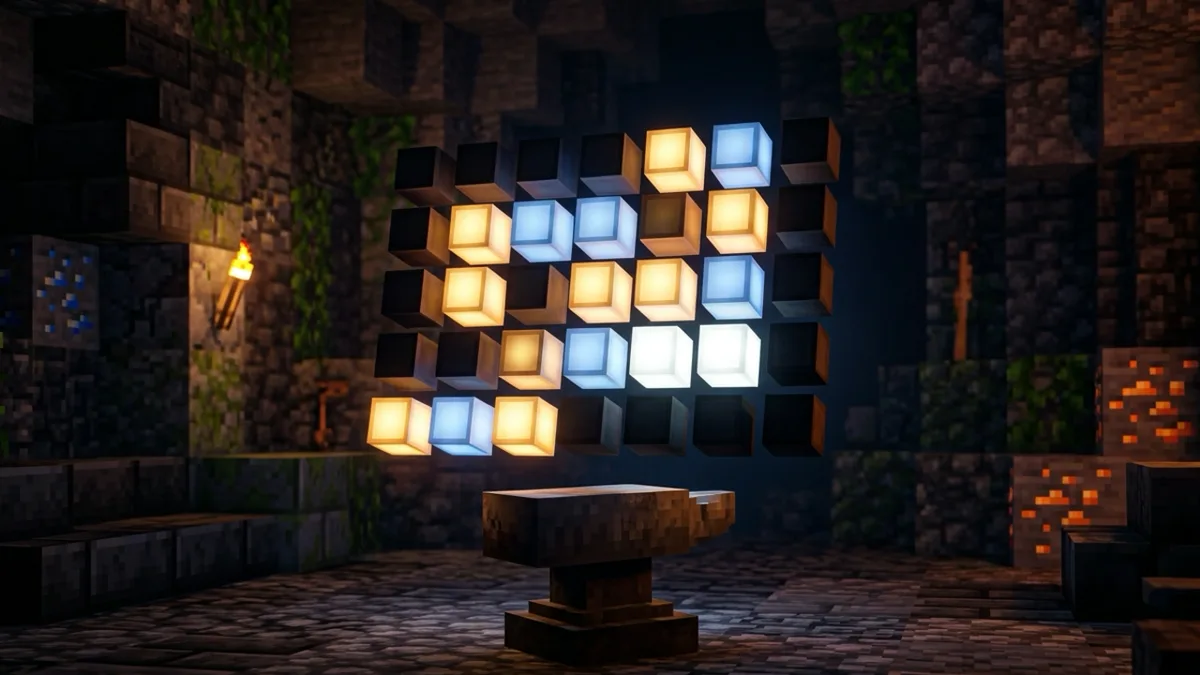 A Minecraft anvil under a floating calendar of blocks, some lit and some dark
