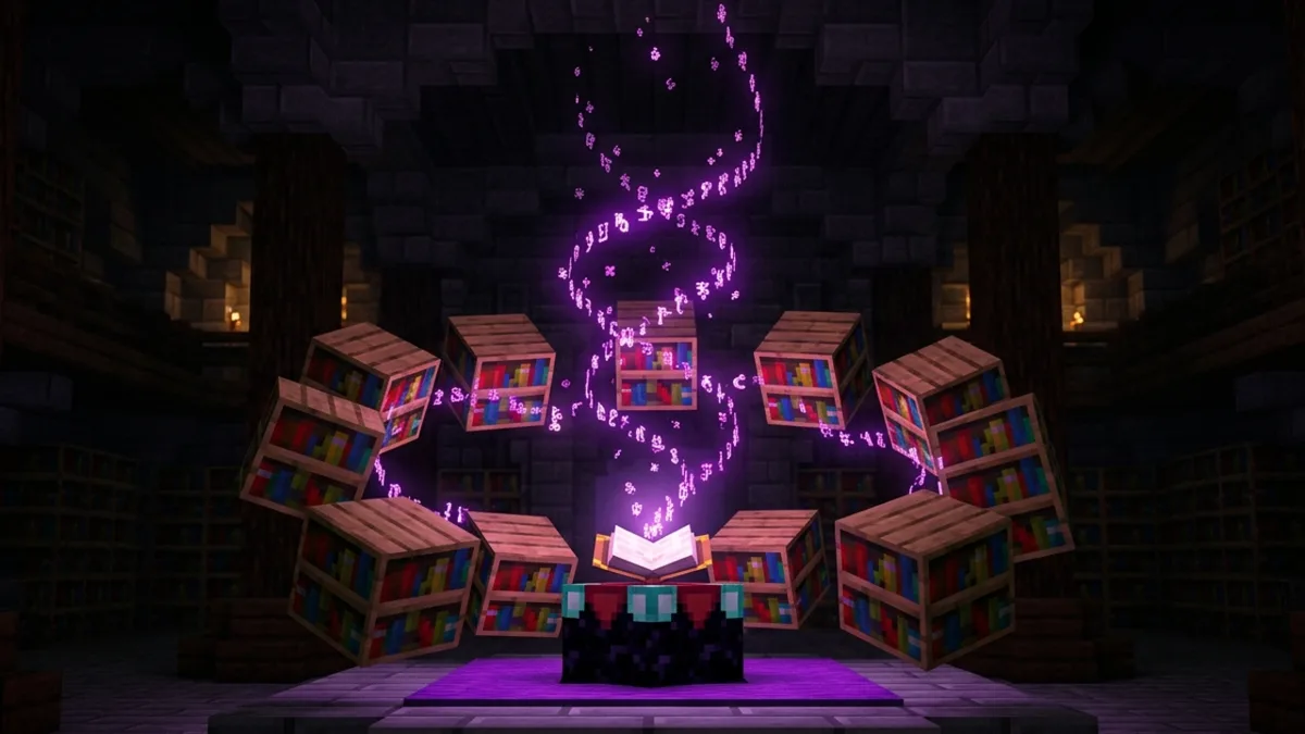 A Minecraft enchanting table ringed by floating bookshelves with glowing glyphs rising from it