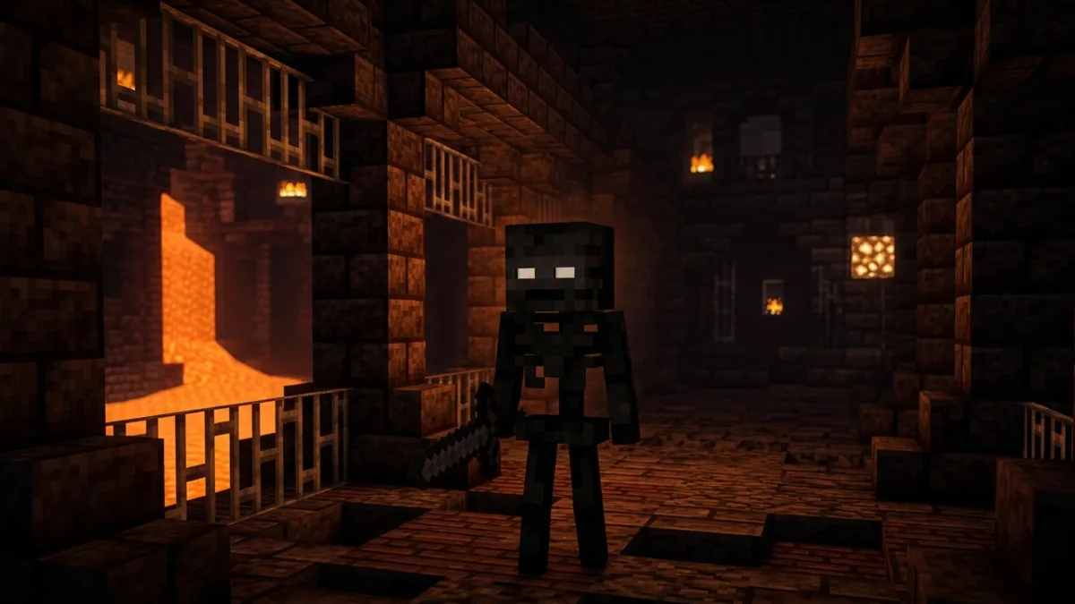 A wither skeleton in a nether fortress corridor lit by lava